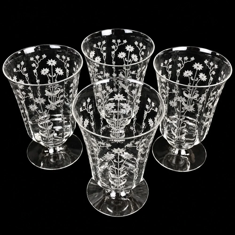 Fostoria Manor Crystal Iced Tea Glasses Set of 4 Etched Floral 1930s